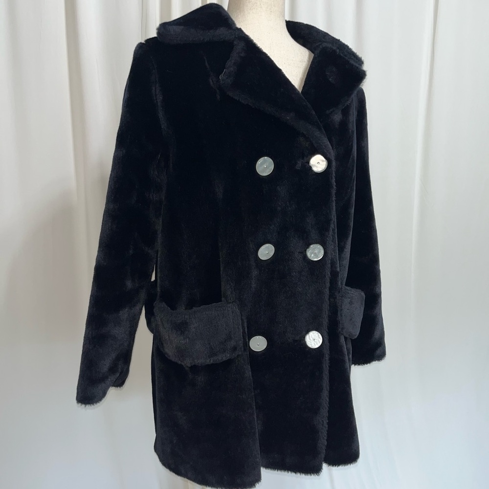 Vintage 1970’s Black Faux Fur Teddy Bear PeaCoat by Outerama Size L 8/10